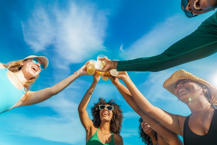 Group of friends in swimsuits raising drinks under a blue sky.
