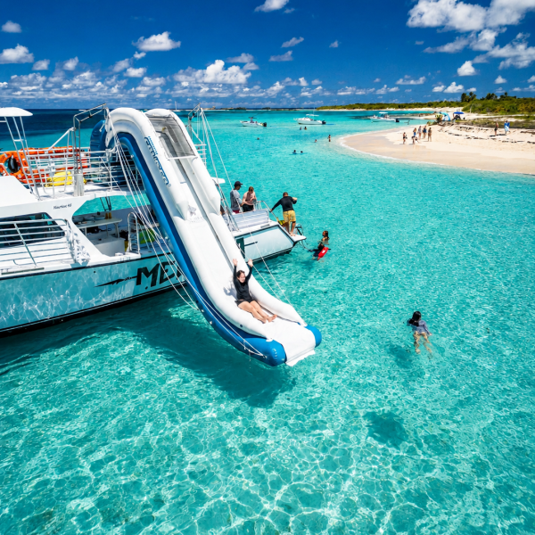 Catamaran with slide in clear blue water, people swimming near sandy beach.