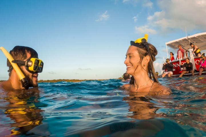 a group of people swimming in the water