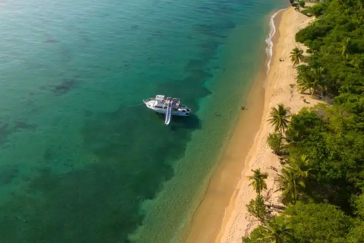 Aerial view of a boat near a tropical beach with green water and palm trees.