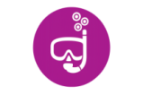 Icon of diving mask and snorkel in white on magenta circle background.