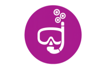 Icon of diving mask and snorkel in white on magenta circle background.
