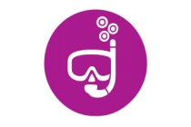 Icon of diving mask and snorkel in white on magenta circle background.