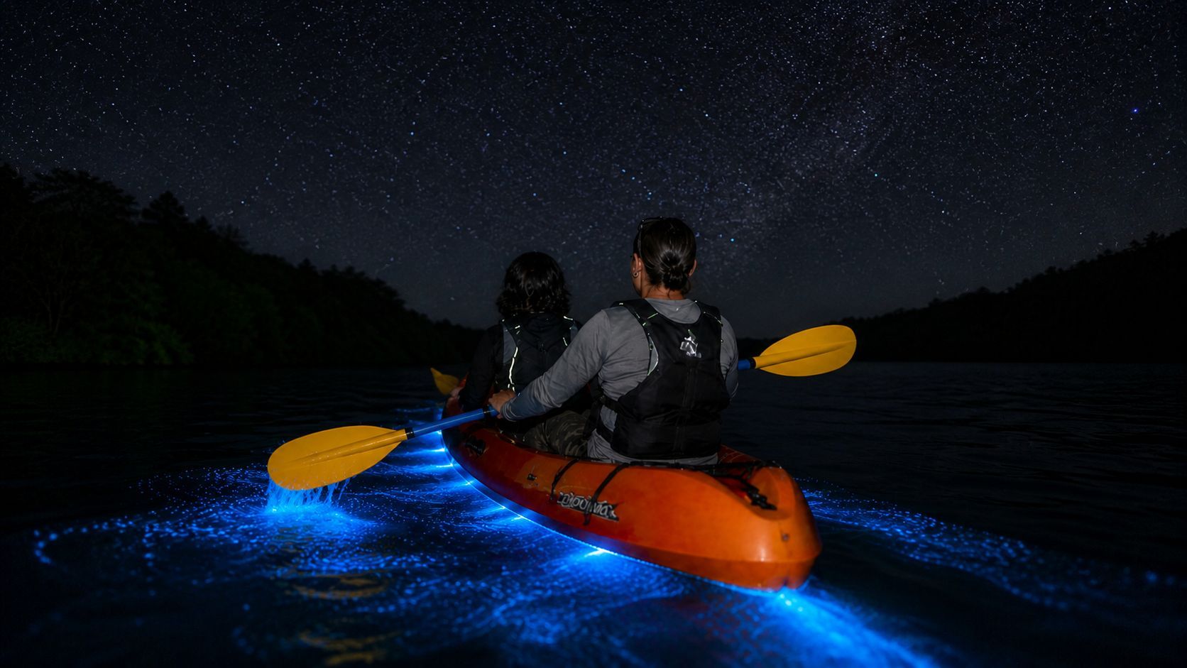 Two people kayaking on bioluminescent water under a starry night sky.