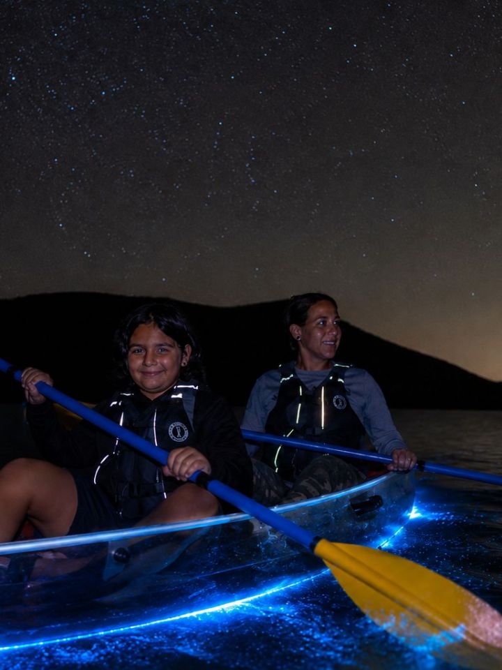 People paddle transparent kayaks glowing at night on a starry lake.