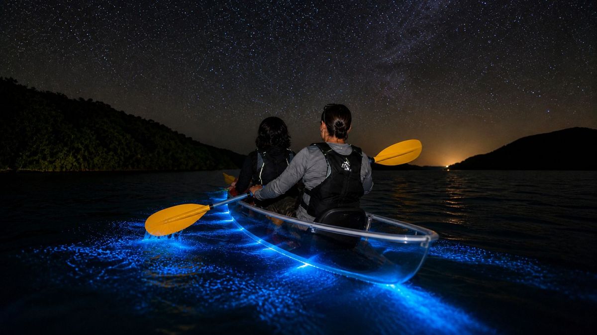 Two people kayaking on glowing water under a starry night sky.
