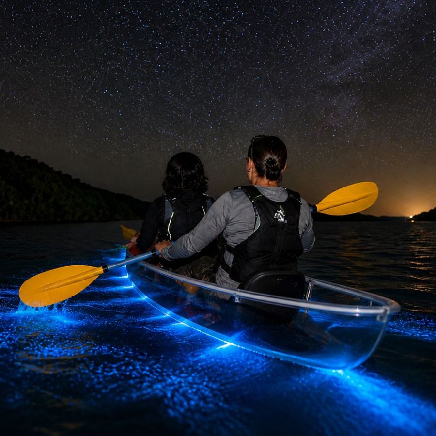 Two people kayaking on glowing water under a starry night sky.