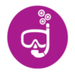 Icon of diving mask and snorkel in white on magenta circle background.