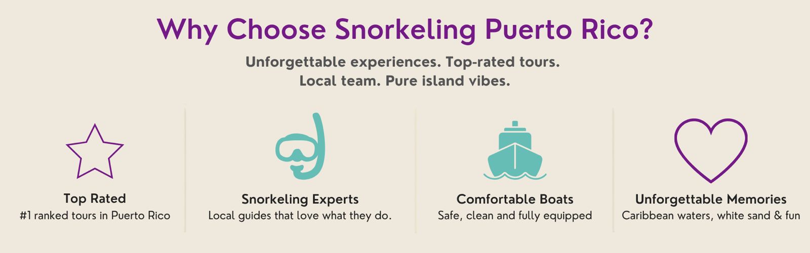 Icons and text promoting snorkeling in Puerto Rico with phrases: Top Rated, Snorkeling Experts, Comfortable Boats.