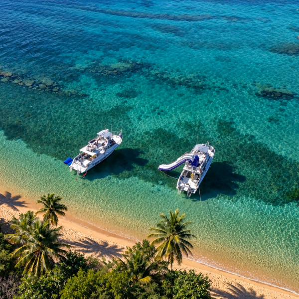 Two boats with slides on turquoise water near a sandy beach with palm trees.