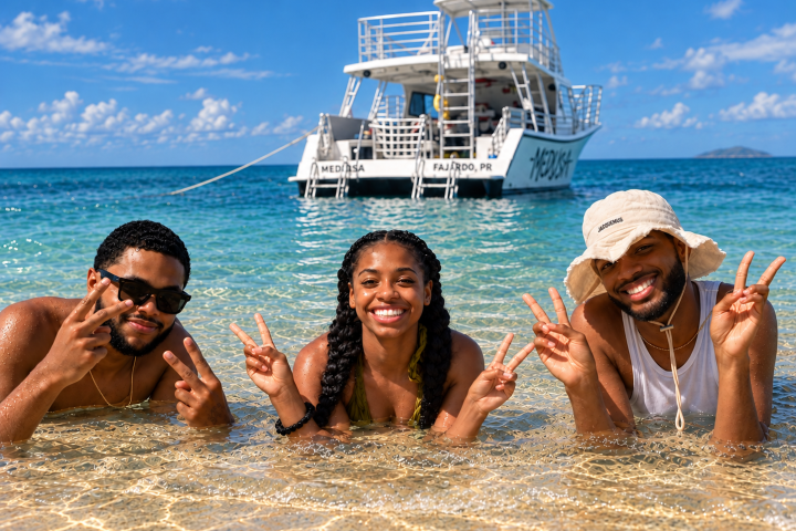 Three people in water posing with peace signs; boat in background.