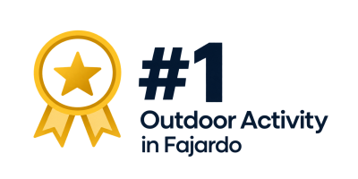 Gold ribbon with star; '#1 Outdoor Activity in Fajardo' text.