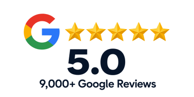Google logo with five gold stars and '5.0, 9,000+ Google Reviews' text.