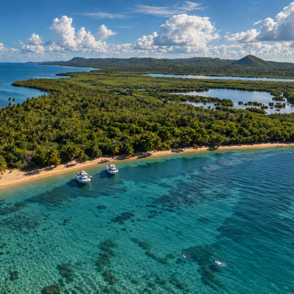 Aerial view of a tropical beach with clear blue water and lush greenery.
