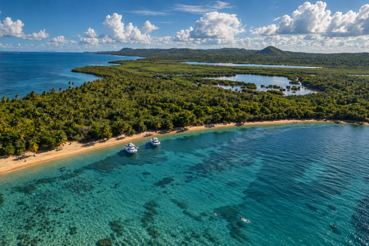 Aerial view of a tropical beach with clear blue water and lush greenery.